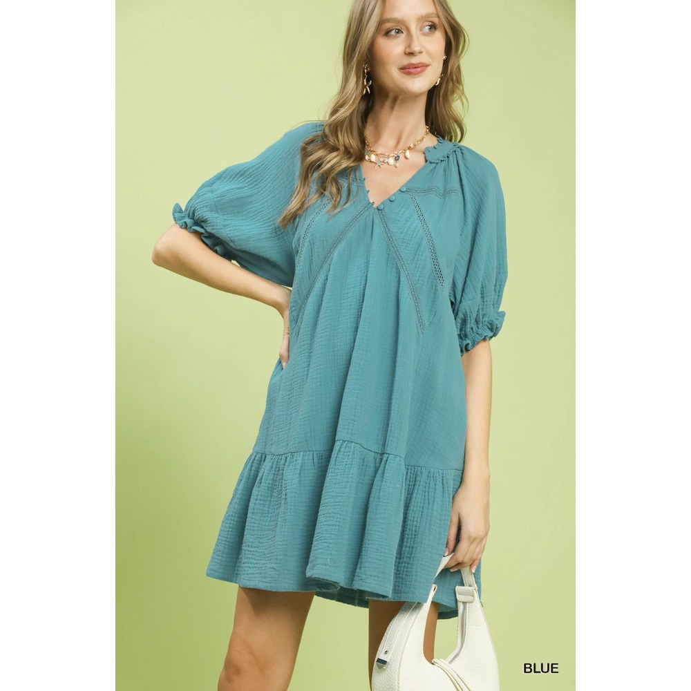 Umgee Cotton Gauze Mini Dress - Blue - Large